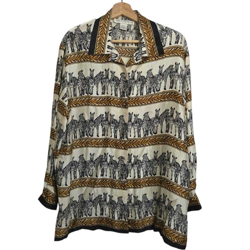 Vintage 90s Jessica Holbrook 100% Silk Zebra Print Button Up Blouse LARGE